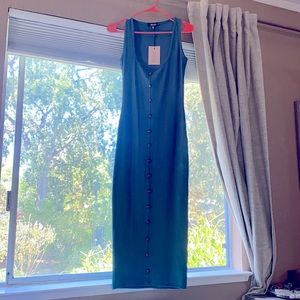 Ribbed blue button down fitted midi dress